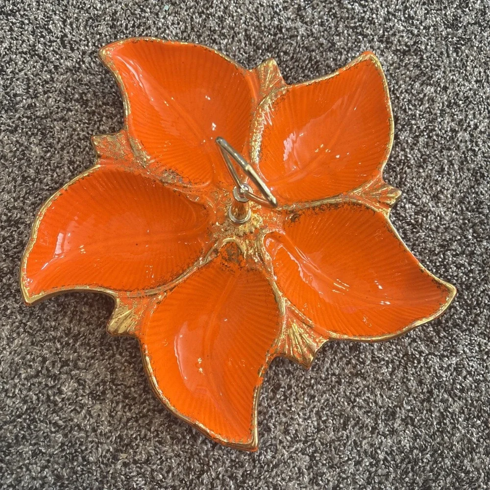 VINTAGE Large MAURICE OF CALIFORNIA DIVIDED HANDLED DISH Orange And Gold Leaf